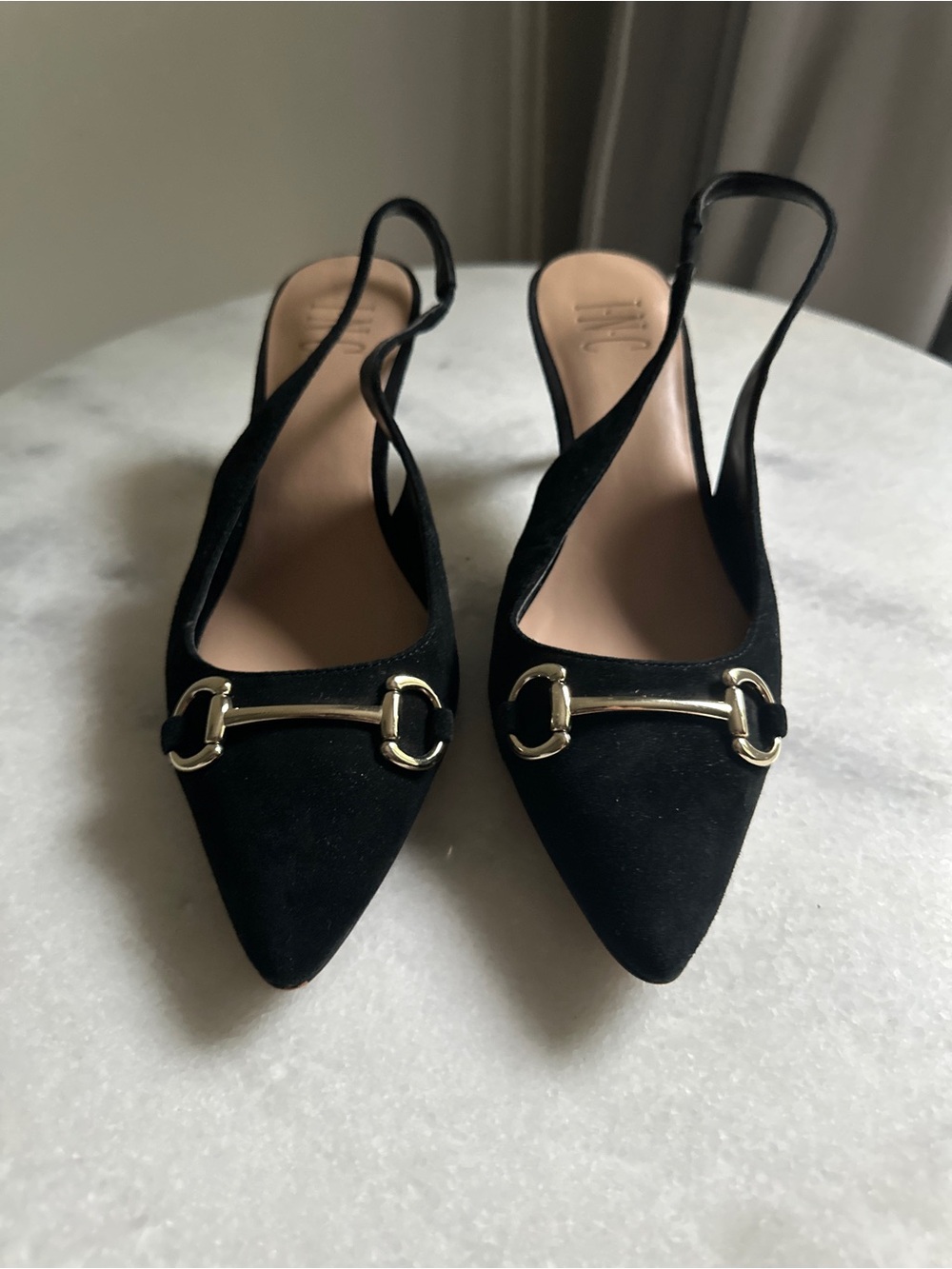 Black Suede Slingback Pointed Toe Flats with Gold Horsebit